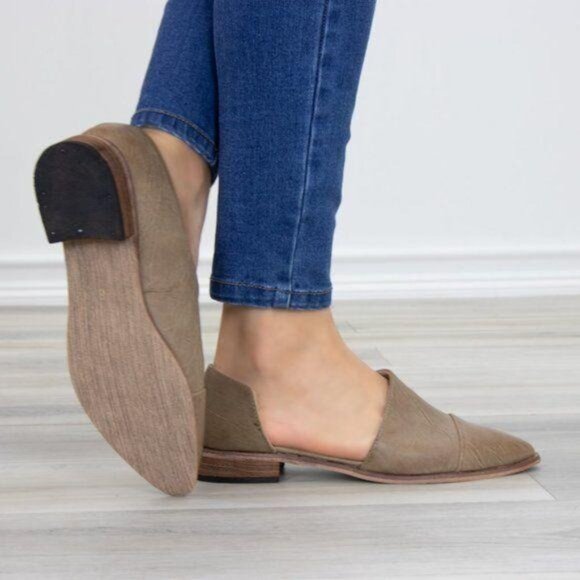 Tan Taupe Opened Side Pointy Slip On Flat Loafer - Picture 6 of 7